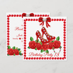 Convites Calçados Vermelhos, Joias E Flores Rosa 18.º Anive