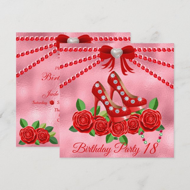 Convites Calçados Vermelhos, Joias E Flores Rosa 18.º Anive (Frente/Verso)