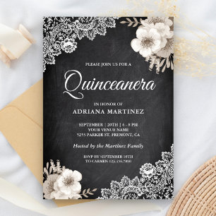 Convites Calcboard Rústico Lace Ivory Floral Quinceanera