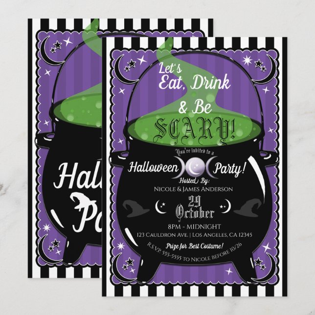 Convites Caldeirão Borbulhante Festa de Halloween da Bruxa  (Frente/Verso)