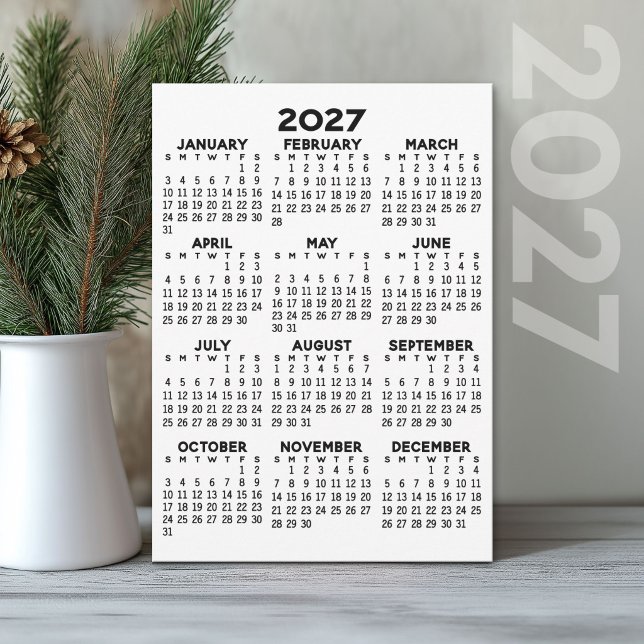 Convites Calendário Anual 2027 Básico Preto e Branco em Car (2027 Calendar Holiday Card)