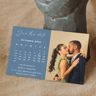 Convites Calendário azul empoeirado moderno foto salvar dat