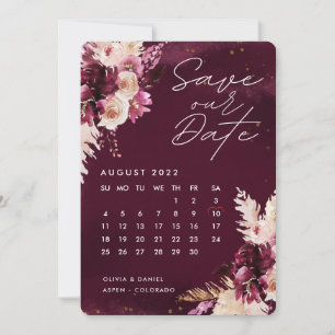 Convites Calendário das Flores do Boho Burgundy Salvar a D