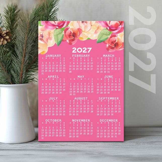 Convites Calendário de 2027 com Flores de Aquarela Pintadas (2027 Calendar Holiday Card)