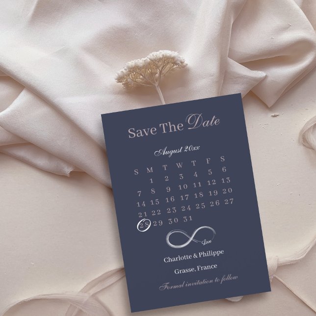 Convites Calendário de Casamento Infinity Navy Blush Save T (Criador carregado)