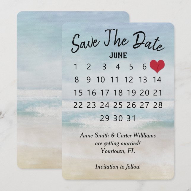 Convites Calendário de casamento Salve a Data Praia Oceânic (Frente/Verso)
