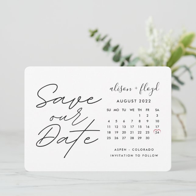 Convites Calendário de Data de Salvamento de Script Branco  (Em pé/Frente)