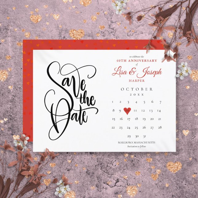 Convites Calendário de Data de Salvamento do 40º Aniversári (40th Anniversary Save the Date Calendar Ruby Heart Invitation)