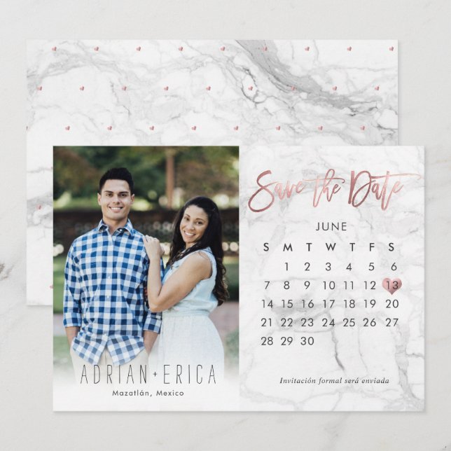Convites Calendário de Foto para Salvar a Data em Mármore D (Frente/Verso)