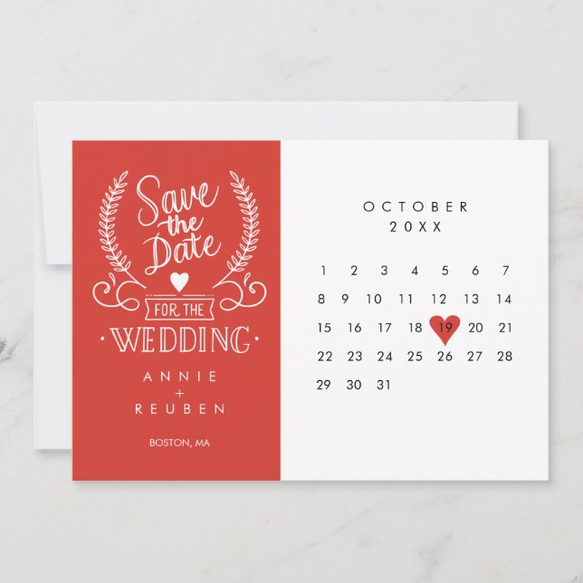 Convites Calendário de Salve a Data Coração de Amor Vermelh (Frente)
