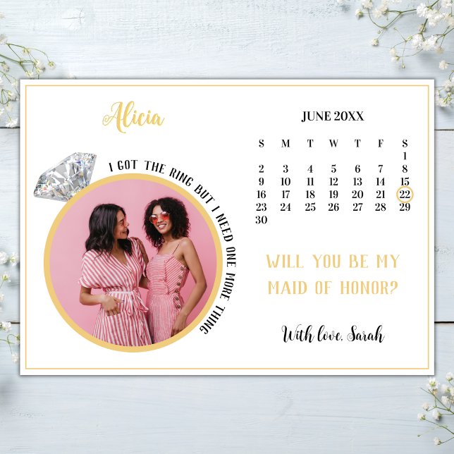 Convites Calendário de Toque de Fotografias de Proposta de  (elegant bridesmaid proposal card template photo calendar i got the ring but need one more thiing)