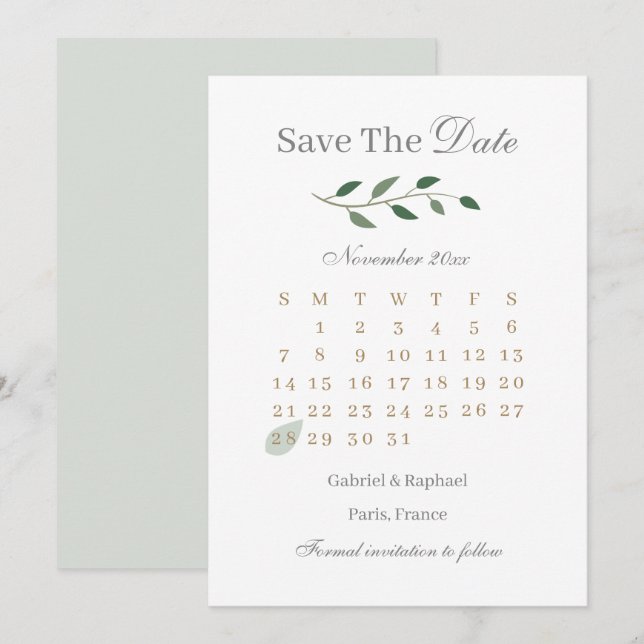 Convites Calendário de Verde de Eucalipto Save The Date Cas (Frente/Verso)