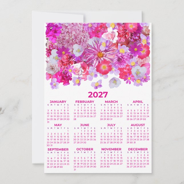 Convites Calendário do Ano Inteiro 2027 com Flores Rosas (Frente)