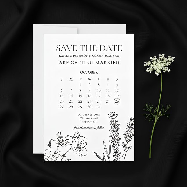 Convites Calendário Elegante De Flor Selvagem Salvar A Data (Wild Flower Calendar Save The Date Card | Wedding Save The Date)