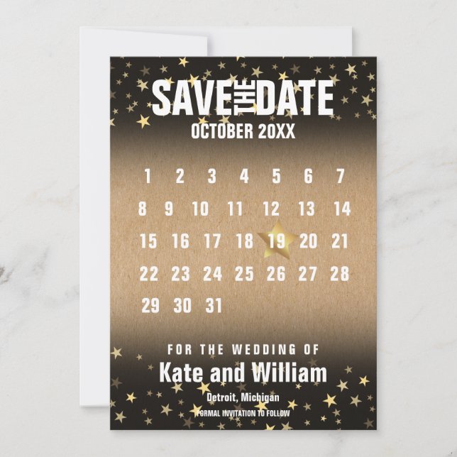 Convites Calendário Estrelas Douradas Rústicas Salve a Data (Frente)