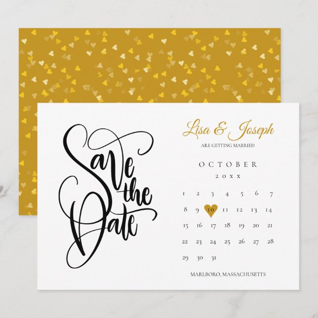 Convites Calendário Moderno de Salvar a Data Dourado Coraçã (Frente/Verso)