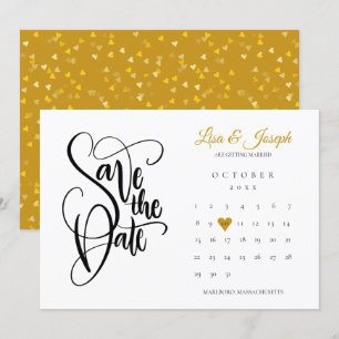 Convites Calendário Moderno de Salvar a Data Dourado Coraçã