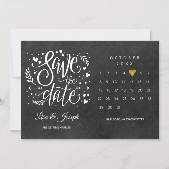 Convites Calendário Salve a Data Coração Dourado Lousa (Frente)