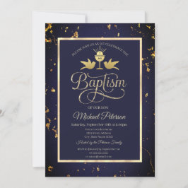 Convites Cálice Dourado Elegante Batismo Azul-Marinho