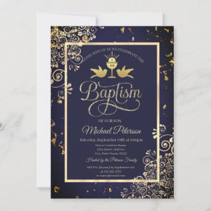 Convites Cálice Dourado Elegante Renda Azul Marinho Batismo