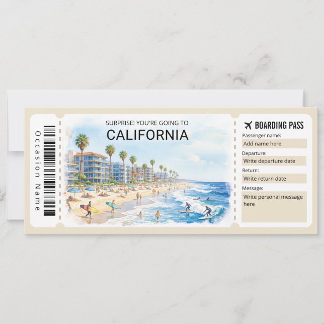 Convites California Trip Boarding Pass Ticket (Frente)