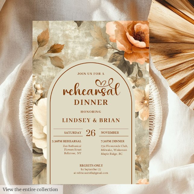 Convites Caligrafia Bege Floral Casamento Ensaio  (Calligraphy Rust Beige Floral Wedding Rehearsal Invitation)