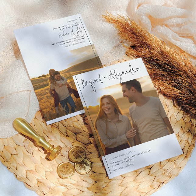 Convites Caligrafía Boho Invitación de Boda con 2 Fotos (Criador carregado)