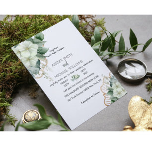 Convites Caligrafia Botânica Verde Russo Dourado Floral