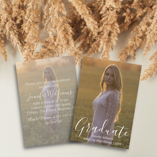 Convites caligrafia branca com festa de formatura simples (Criador carregado)