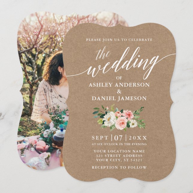 Convites Caligrafia Branca Cor-de-rosa Casamento Floral Kra (Frente/Verso)