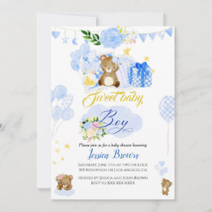Convites Caligrafia chá de fraldas de urso azul