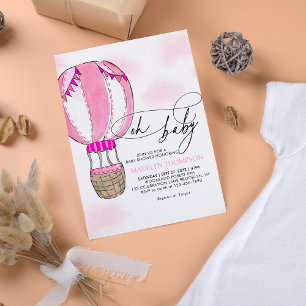 Convites Caligrafia cor-de-rosa com balão de ar quente Oh C