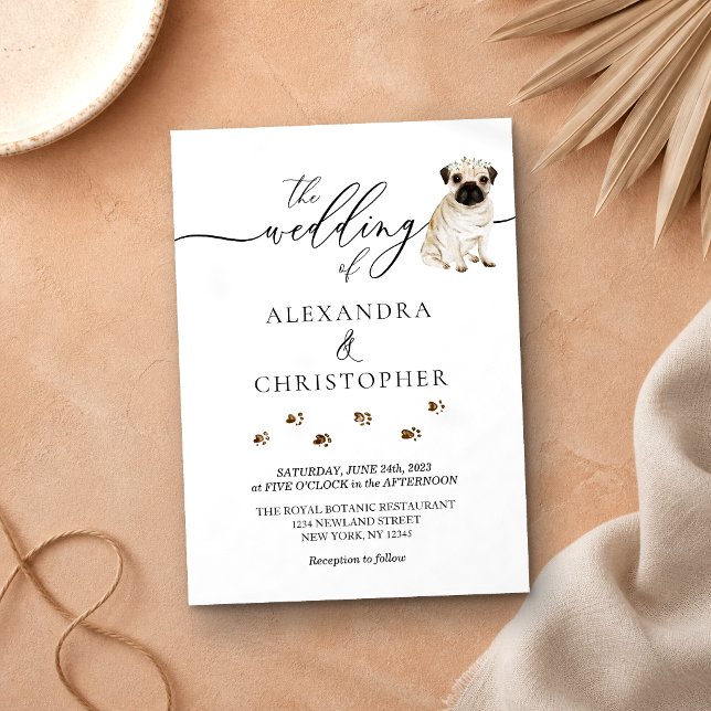 Convites Caligrafia de casamento de cachorrinho Pug (Criador carregado)
