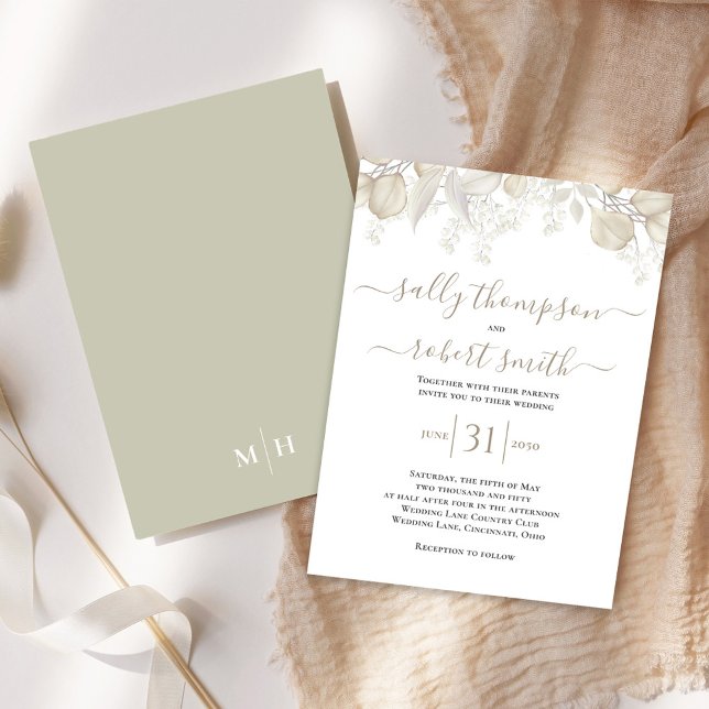 Convites Caligrafia de Casamento Elegante - Geração Greener (Simple and elegant sage green and cream foliage wedding invitation.)