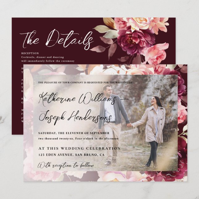 Convites Caligrafia de Script de Burgundia de Jardim Foto C (Frente/Verso)