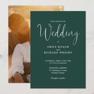 Convites Caligrafia de Script Foto Casamento Verde Esmerald
