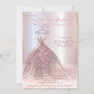 Convites Caligrafia de varejo com rosa dourado Quinceañera 
