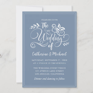 Convites Caligrafia Decorativa de Casamento Dusty Blue