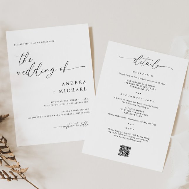 Convites Caligrafia Delicada Tudo em Um Casamento Moderno (Delicate Calligraphy Wedding Invitation with Details on Back - Simple Modern All in One Invitation)
