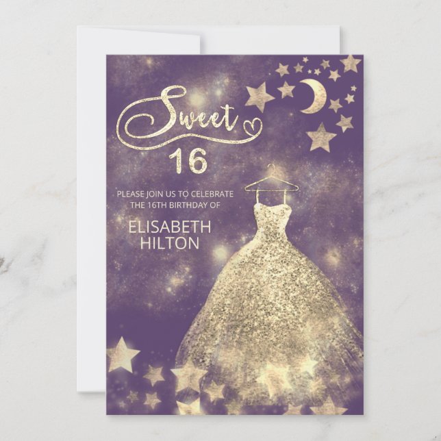 Convites Caligrafia doce dezesseis da lua e estrelas celest (Frente)