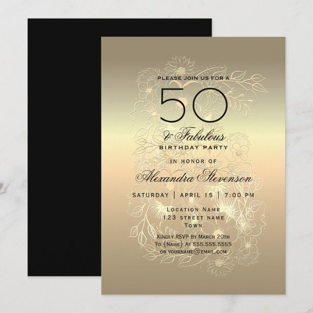 Convites Caligrafia Dourada Aniversário de 50 anos (Frente/Verso)