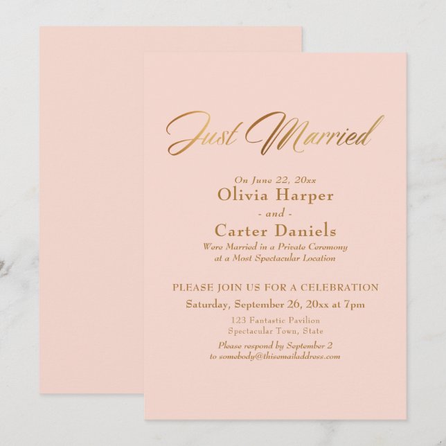 Convites Caligrafia Dourada Casamento Recepção Rosa Bege (Frente/Verso)