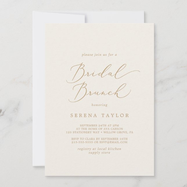 Convites Caligrafia Dourada Delicada | Cream Bridal Brunch (Frente)