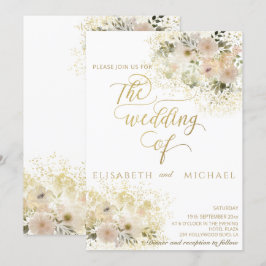 Convites Caligrafia dourada floral romântica rosa suave