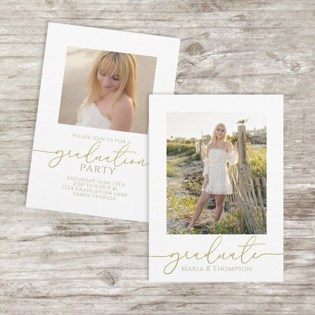 Convites Caligrafia Dourada Foto Clássica de Formatura (Classic gold script graduation photo card featuring a customizable senior portrait elegant script.)