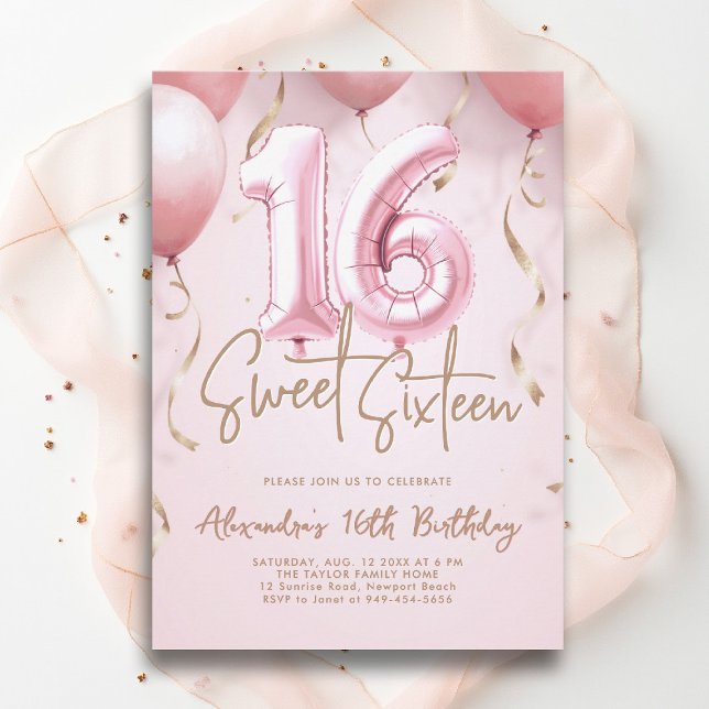 Convites Caligrafia Dourada rosa, cor-de-rosa, doce 16 (sweet sixteen invitation 16th birthday party pink gold balloons calligraphy milestone glam feminine)