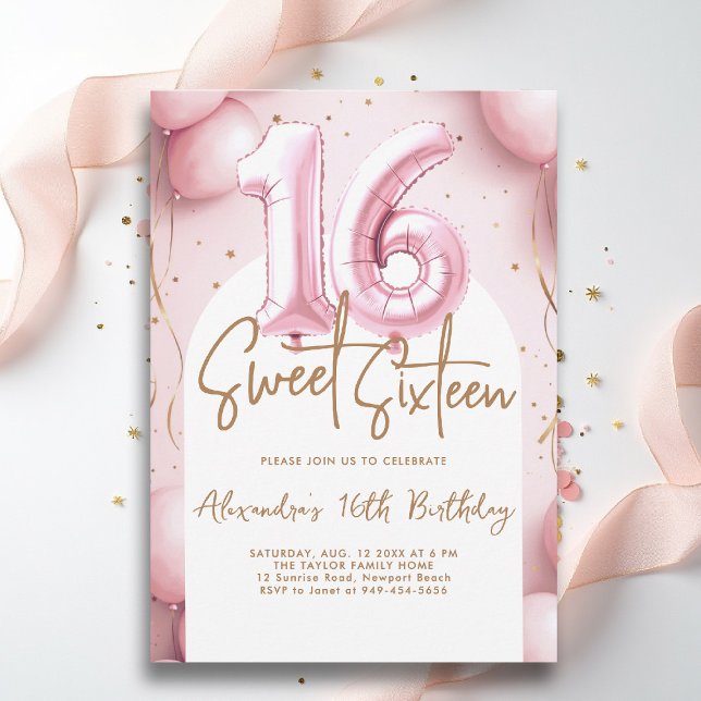 Convites Caligrafia Dourada rosa dos balões doce 16 (sweet sixteen invitation 16th birthday party pink gold balloons arch calligraphy glam feminine)