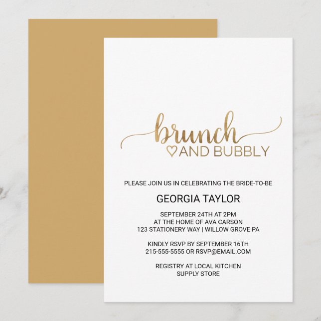 Convites Caligrafia Dourada simples Brunch e Bubble (Frente/Verso)