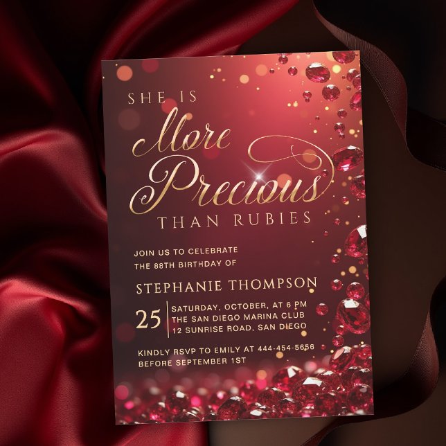 Convites Caligrafia Dourada Vermelha Rubi Elegante 80º Aniv (elegant birthday invitation for mom ruby red gold more precious than rubies bible quote calligraphy)