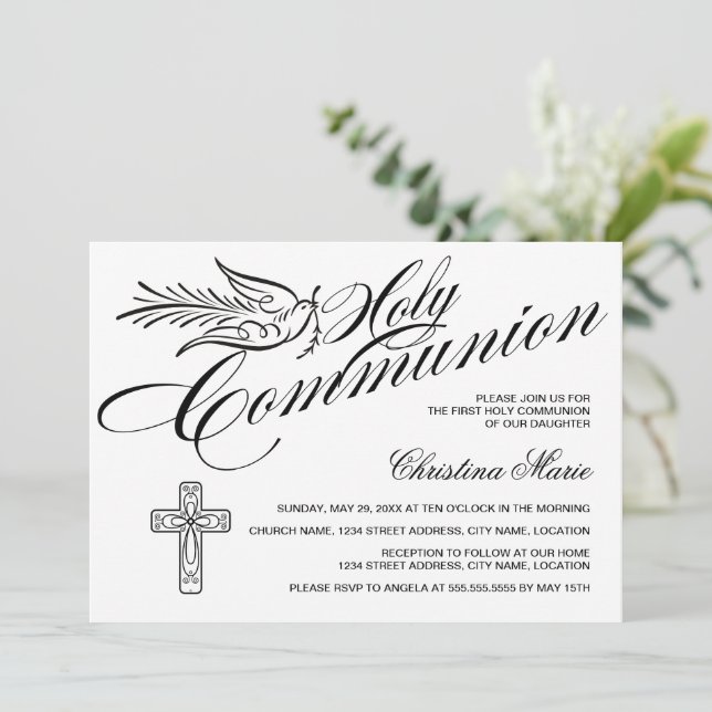 Convites Caligrafia Dove e Cruz Primeira Comunhão Sagrada (Em pé/Frente)